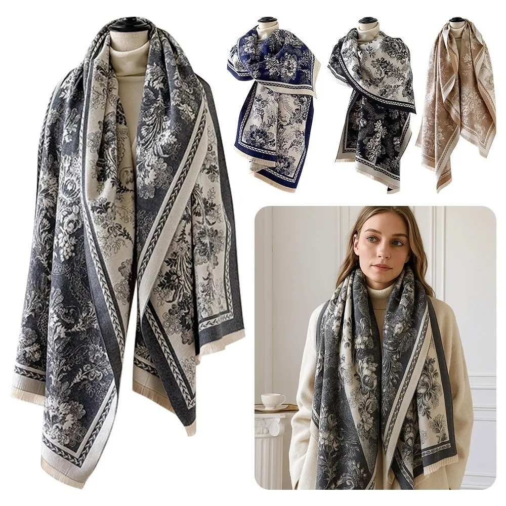 

Elegant Two-Sided Jacquard Scarf Warm Thick Cashmere Scarf Windproof Pashmina Shawl for Autumn Winter