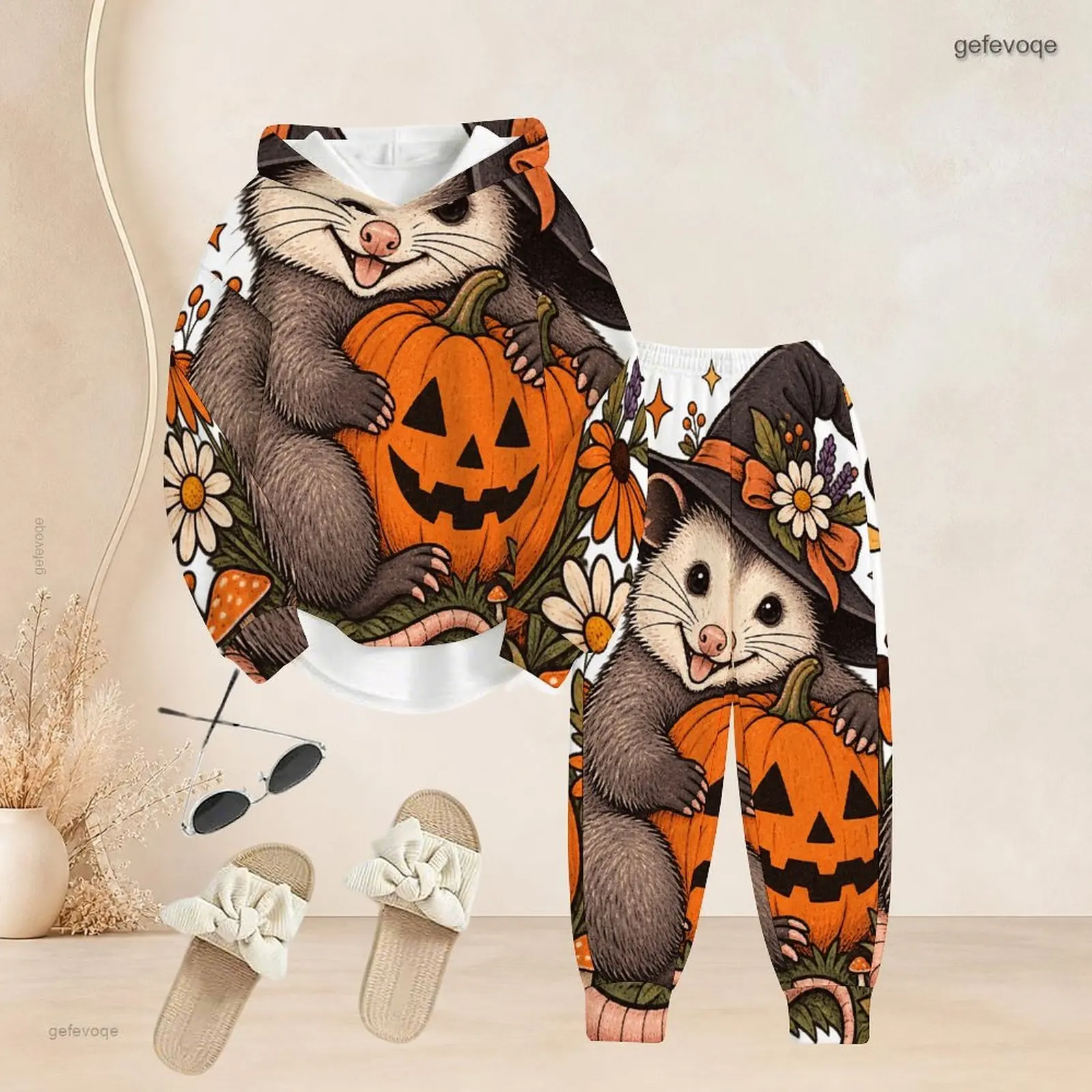 Cartoon Cowboy Goat Floral Ghost Pumpkin Printed Long Sleeve Hooded Top And Pants Two Piece Set