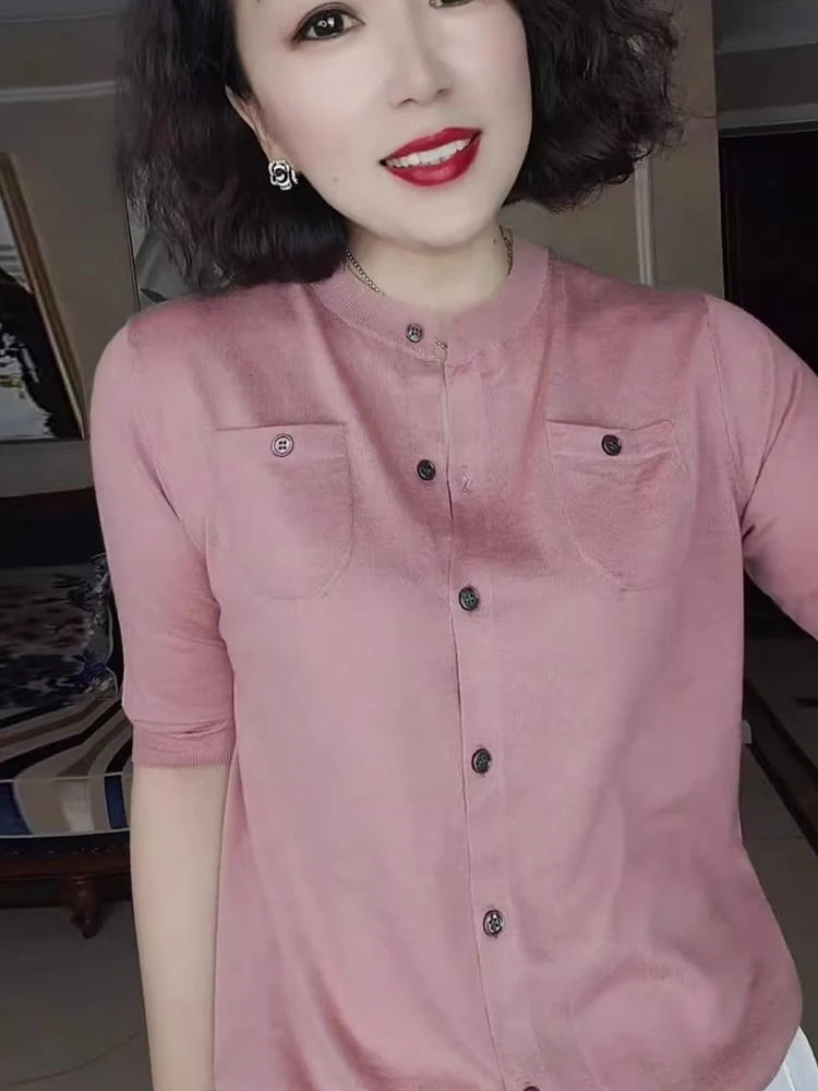 Удобный, приятный для кожи круглый трикотаж Ne Knitted Ice Silk ort Sve Повседневный трикотаж Женский летний дышащий трикотаж на одной пуговице...