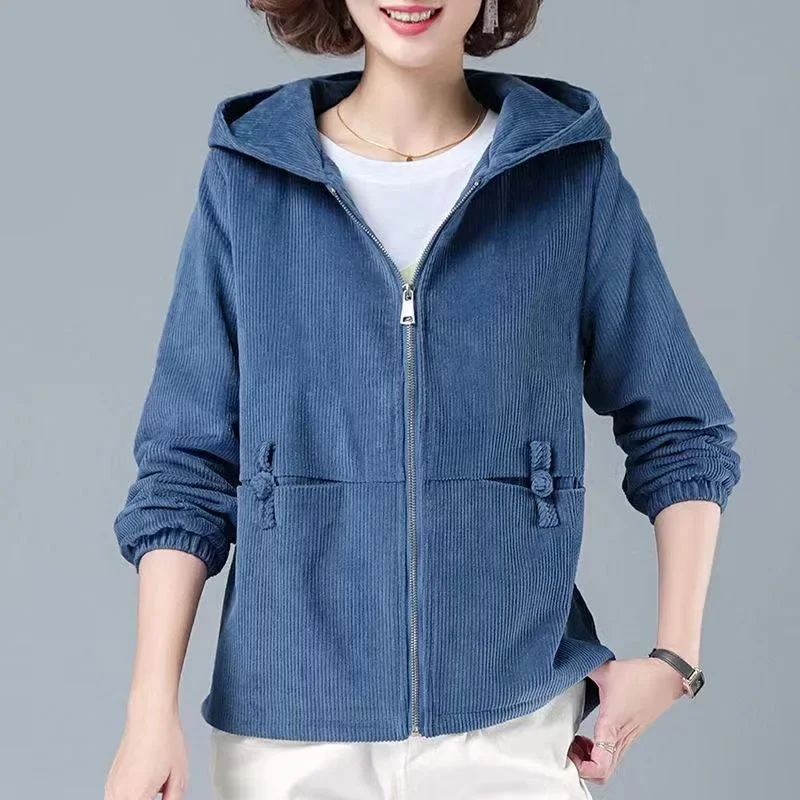 Woman's Jackets Coat autumn/winter Corduroy Solid Color Hooded Long Sleeve Zipper Fashion Ladies Tops