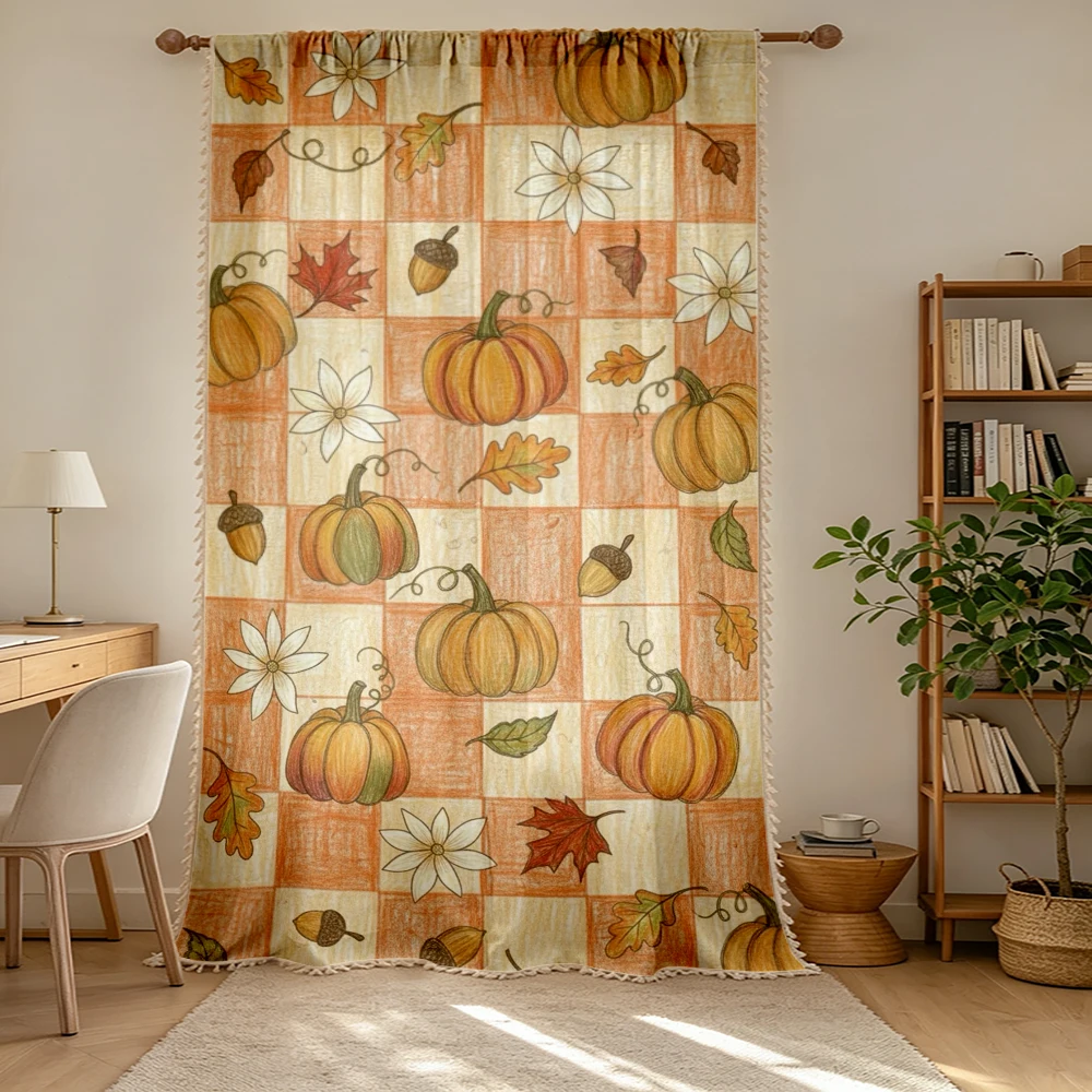 1PC Thanksgiving Fall Tassel Sheer Curtains, Pumpkin Acorn Leaf Gingham, Digital Print, Polyester, Bedroom Decor Rod Pocket