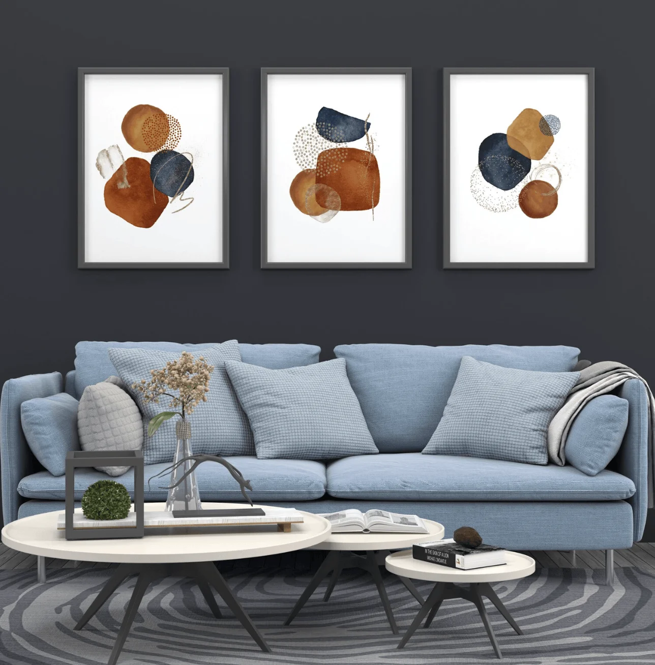 Boho Abstract 3 Panels Wall Art Canvas Prints, Terracotta Navy Posters, Earth Tone Decor for Living Room Bedroom Decor