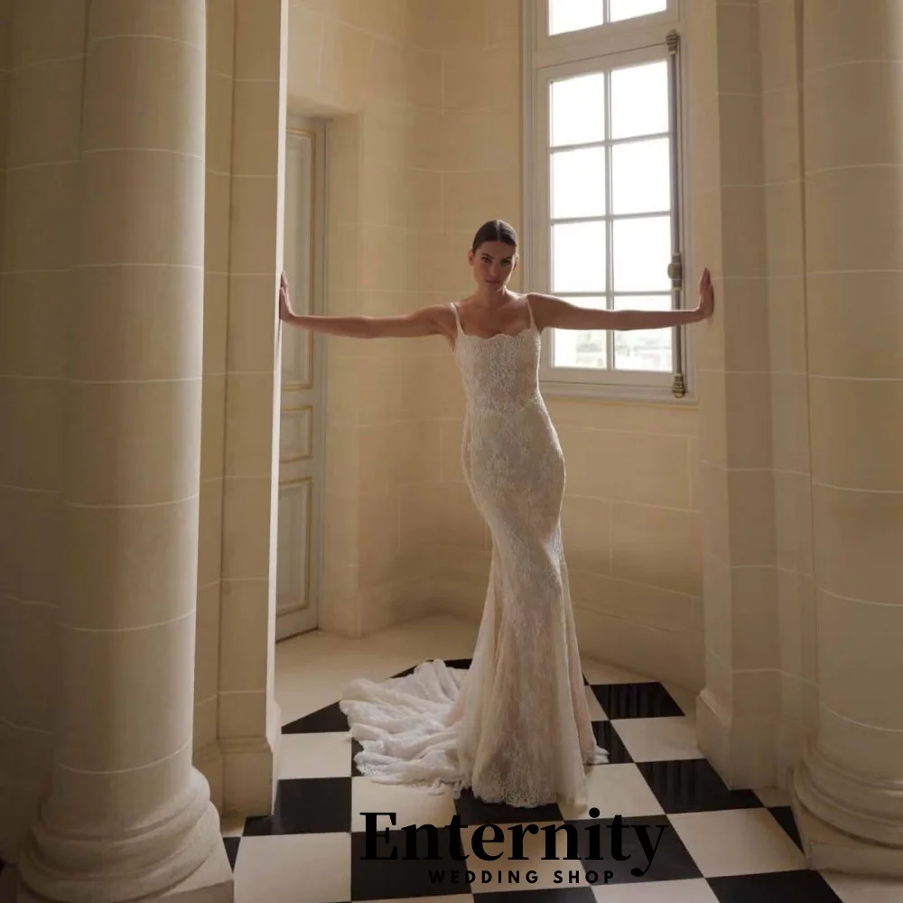 فساتين زفاف بسحاب مخصصة أنيقة برقبة مربعة بدون أكمام للنساء فستان زفاف ساحر مزين بالدانتيل فيستدوس دي نوفيا