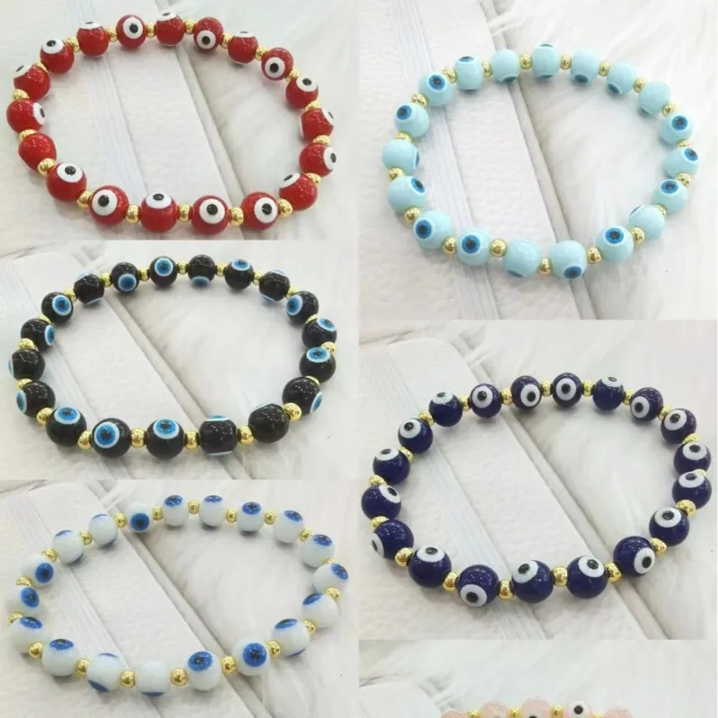 10pcs 6mm 8mm Coloured Glaze Evil Eyes White Yellow Balck Blue Eyes Elastic String Bracelet for Women Men Jewelry