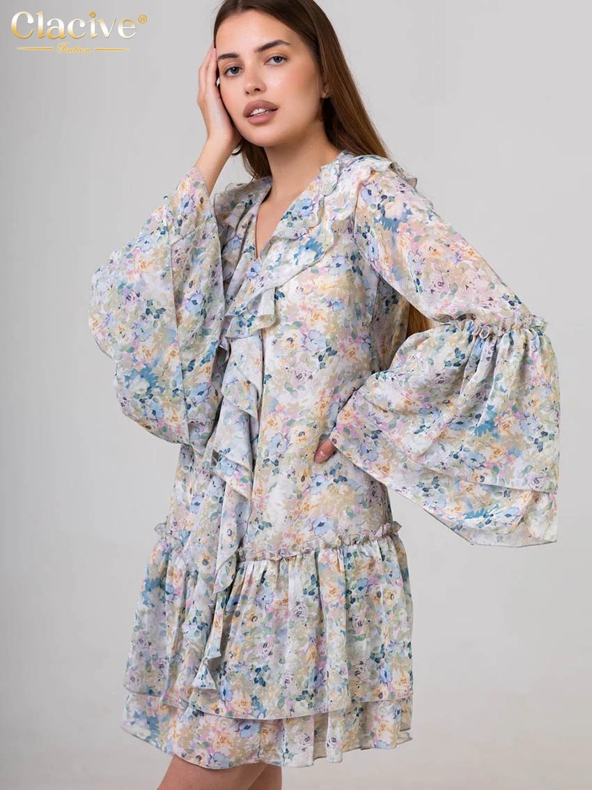 

Clacive Fashion Loose Print Women's Dress 2025 Vintage V-Neck Long Sleeve Mini Dresses Elegant Classic Ruffle Female Dress