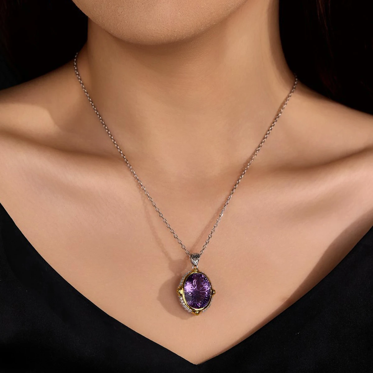 Women Oval Amethyst Pendant Necklace S925 Sterling Silver Oval Cut Purple Crystal With Surrounding CZ 18K Gold Plated For Lady Wedding Anniversary Party Daily Wear Romantic Jewelry Gift Vintage Hollow Bail Design Elegant Luxury Clavicle Chain Link