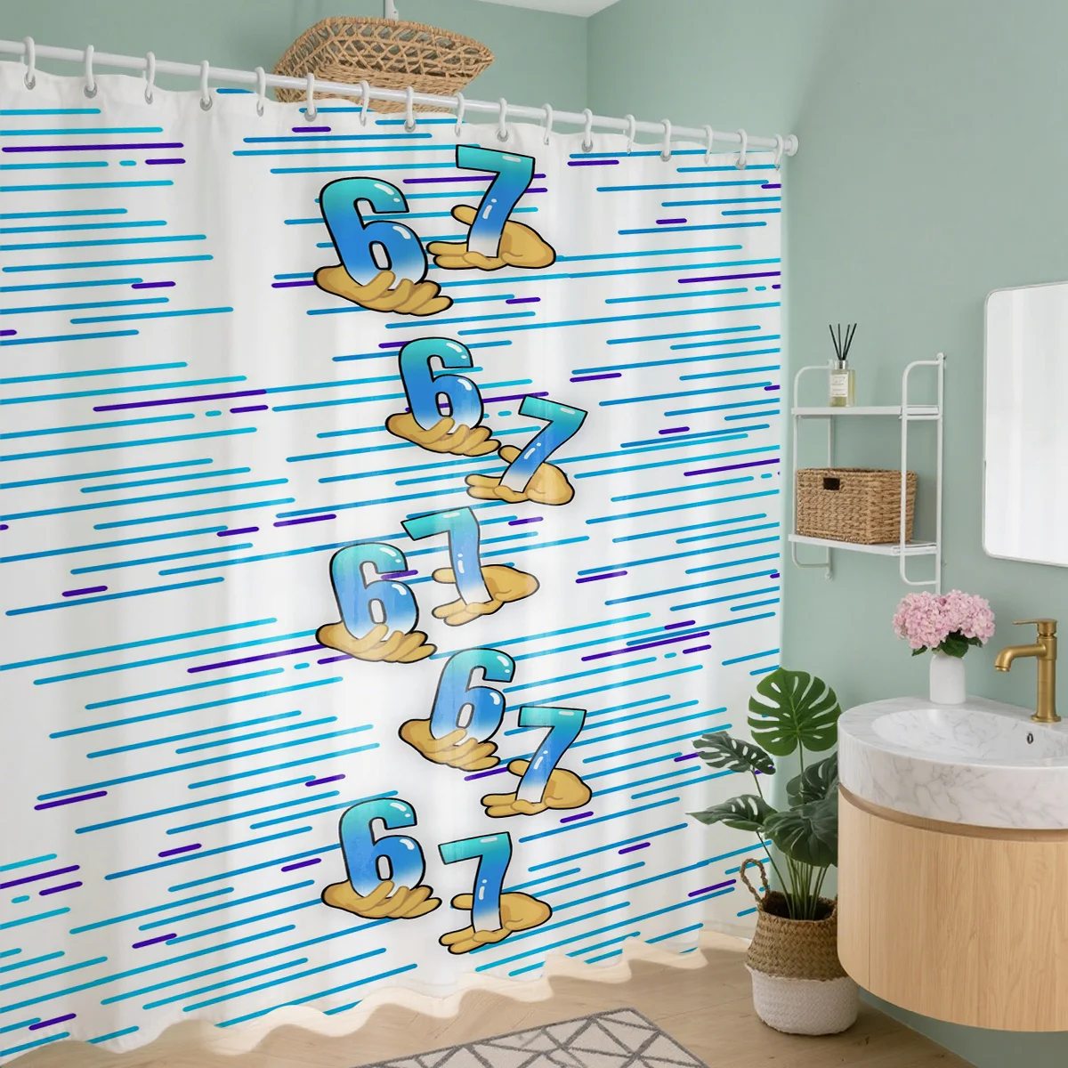 funny 67 number shower curtain with cartoon hands and blue lines for playful bathroom decor quirky style Simple Installation