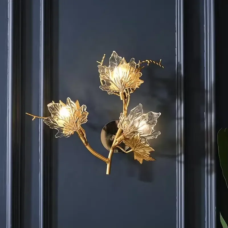 Modern 3 Light Glass Leaf Wall Sconce Luxury Indoor Lighting Fixture Elegant Bedside Lamp for Hotel Bedroom Wedding Home