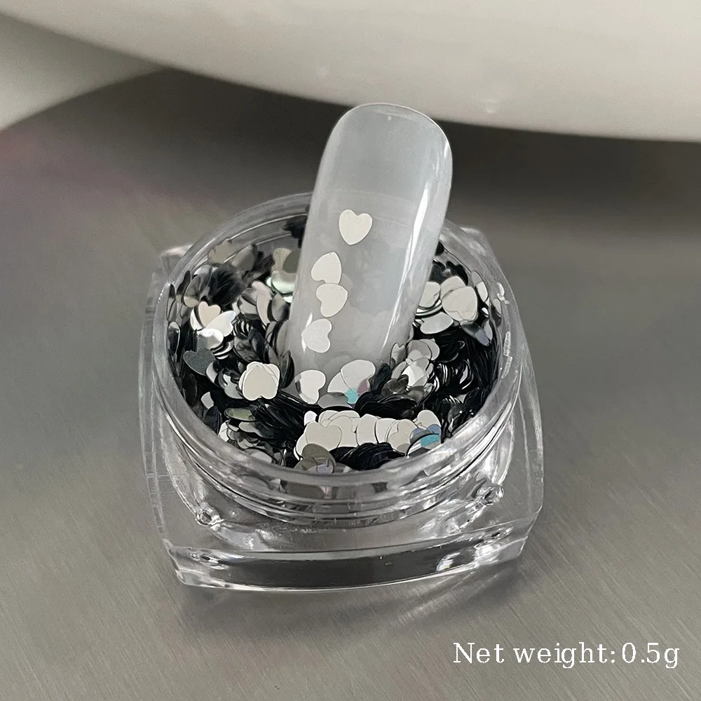 2mm Mini corazón punteado brillo copos de uñas corazón lentejuelas acabado Nailtip decoración brillo 0,5g plata negro Nail Art Flake 404