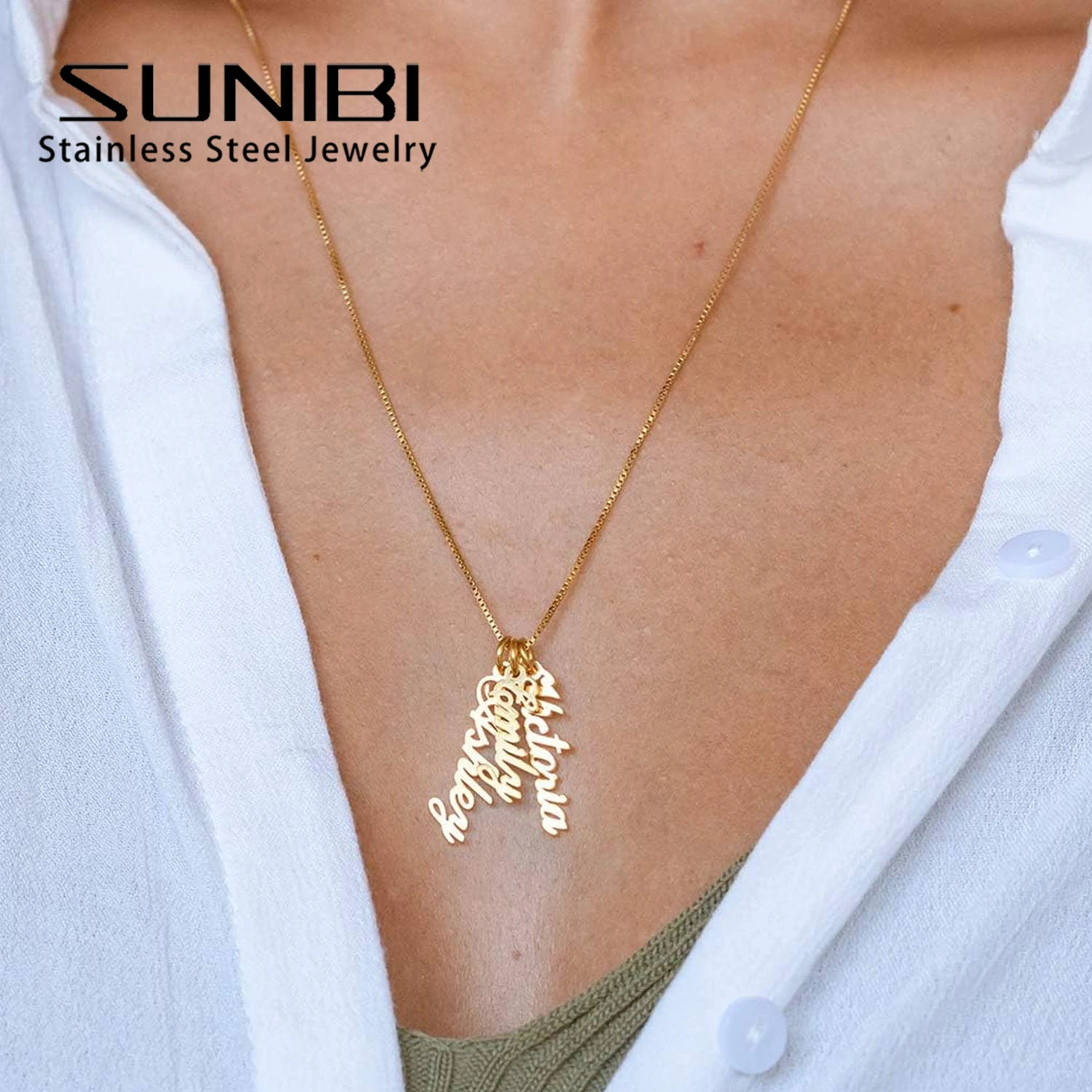 

SUNIBI Personalized Customized Vertical Multi-Name Women's Necklace Stainless Steel Nameplate Pendant Wholesale Dropshipping