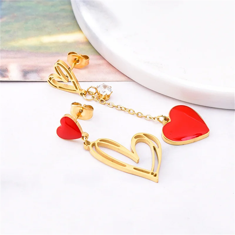 316L Stainless Steel New Fashion Fine Jewelry Hollow Asymmetric Zircon Love Heart Shaped Tassels Stud Earrings For Women Girl\'s