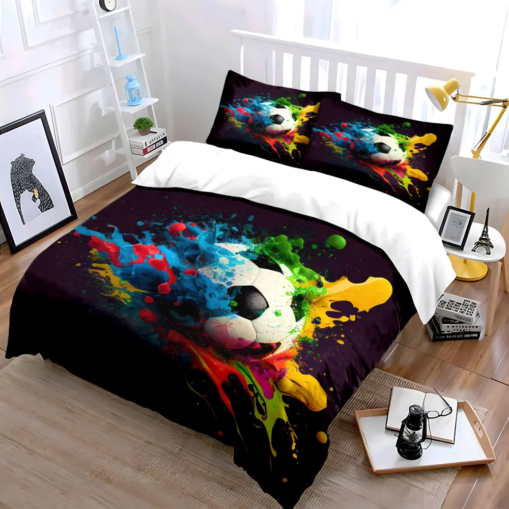 Colorful paint splashed soccer ball Print Bedding Set 1 Duvet Cover 2 Pillowcases for Adult and Children Luxury Gift Full Size