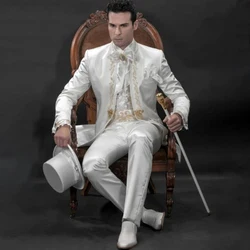 Vintage White Prince Style Men's Suits Stand Collar Groom Wedding Tuxedos Floral Appliques Custom 2-Piece Jacket+Pants Costume