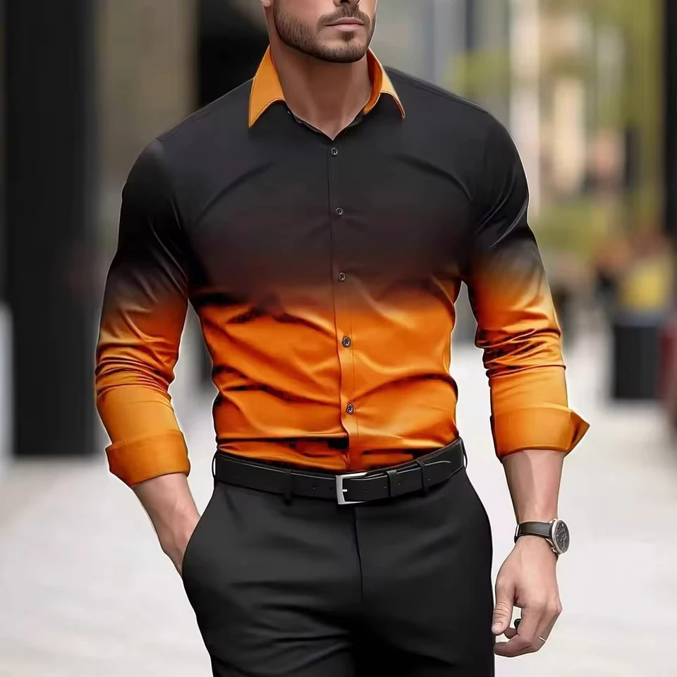 Spring And Autumn Men's Tops Gradually Change Color Digital Printing Casual Lapel Collar Long-sleeved Shirt Men's Shirt Thin