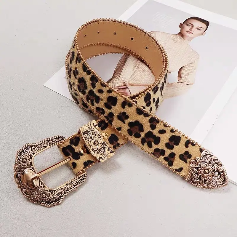 Gothic Retro Women's Belt Fashion Casual Versatile Jeans Accessories Girdle Silver Pin Buckle Leopard Print Pu Leather Waistband