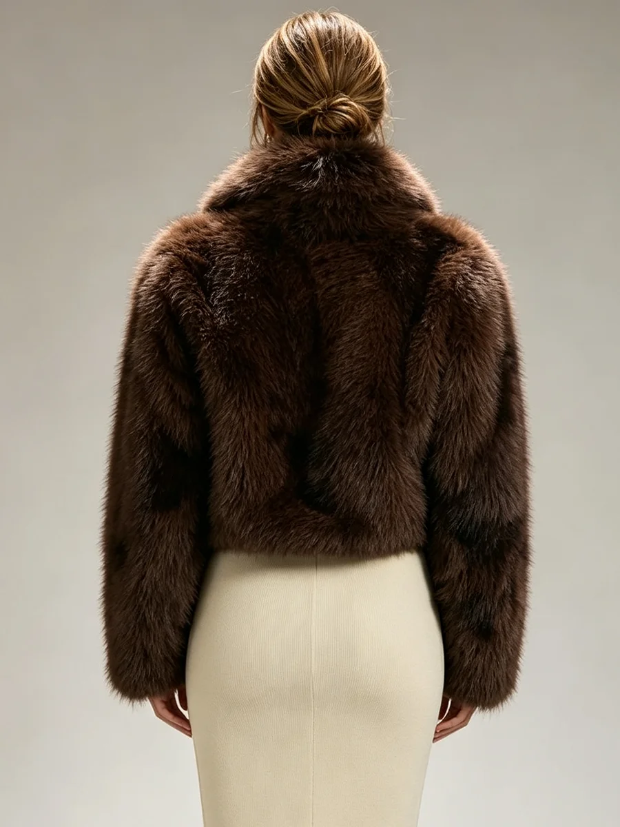 RU Women Brown Faux Fox Fur Coat Gradient Shawl Lapel Long Sleeve Cropped Fluffy Winter Outerwear