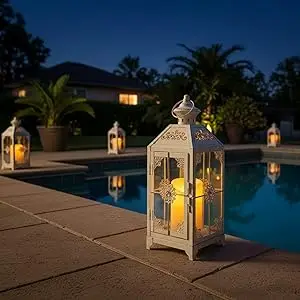White decorative lanterns with glowing candles arranged along pool edge at night, creating atmospheric lighting