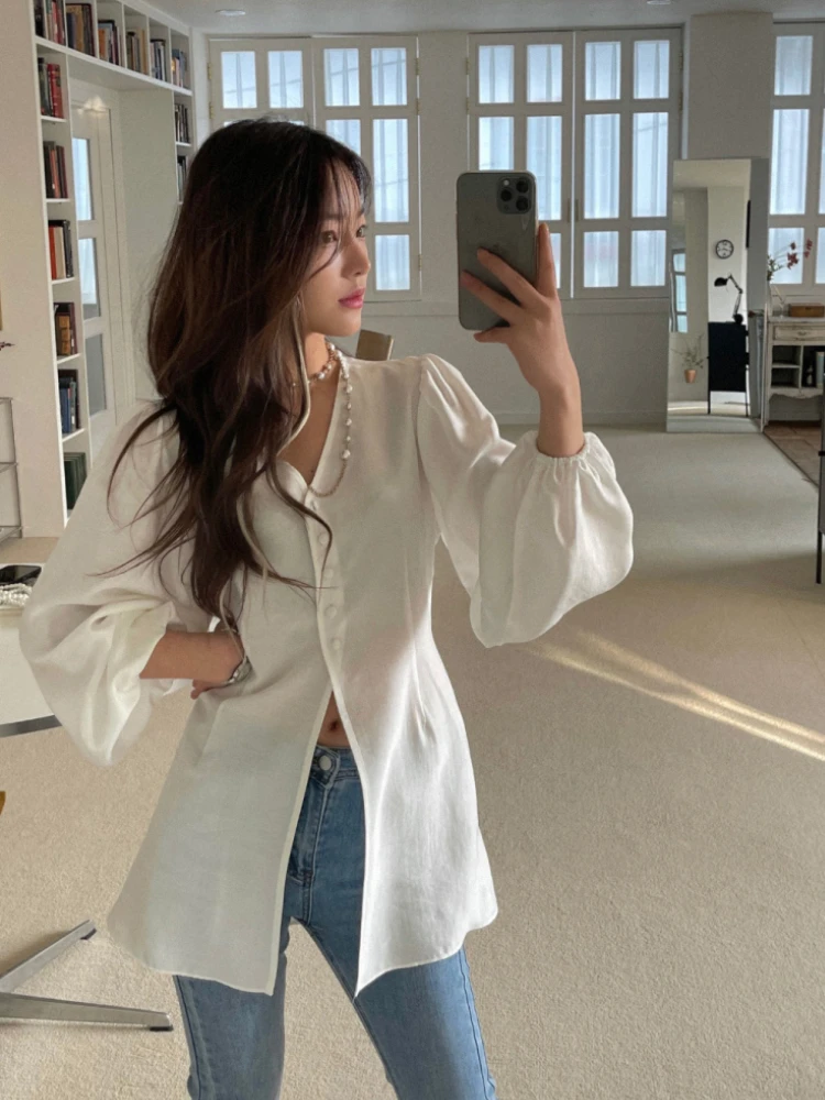 Women\'s Spring Long Satin Shirts V Neck Slim Waist Puff Long Sleeve Single Breasted Blouse Stylish Top Korea Style