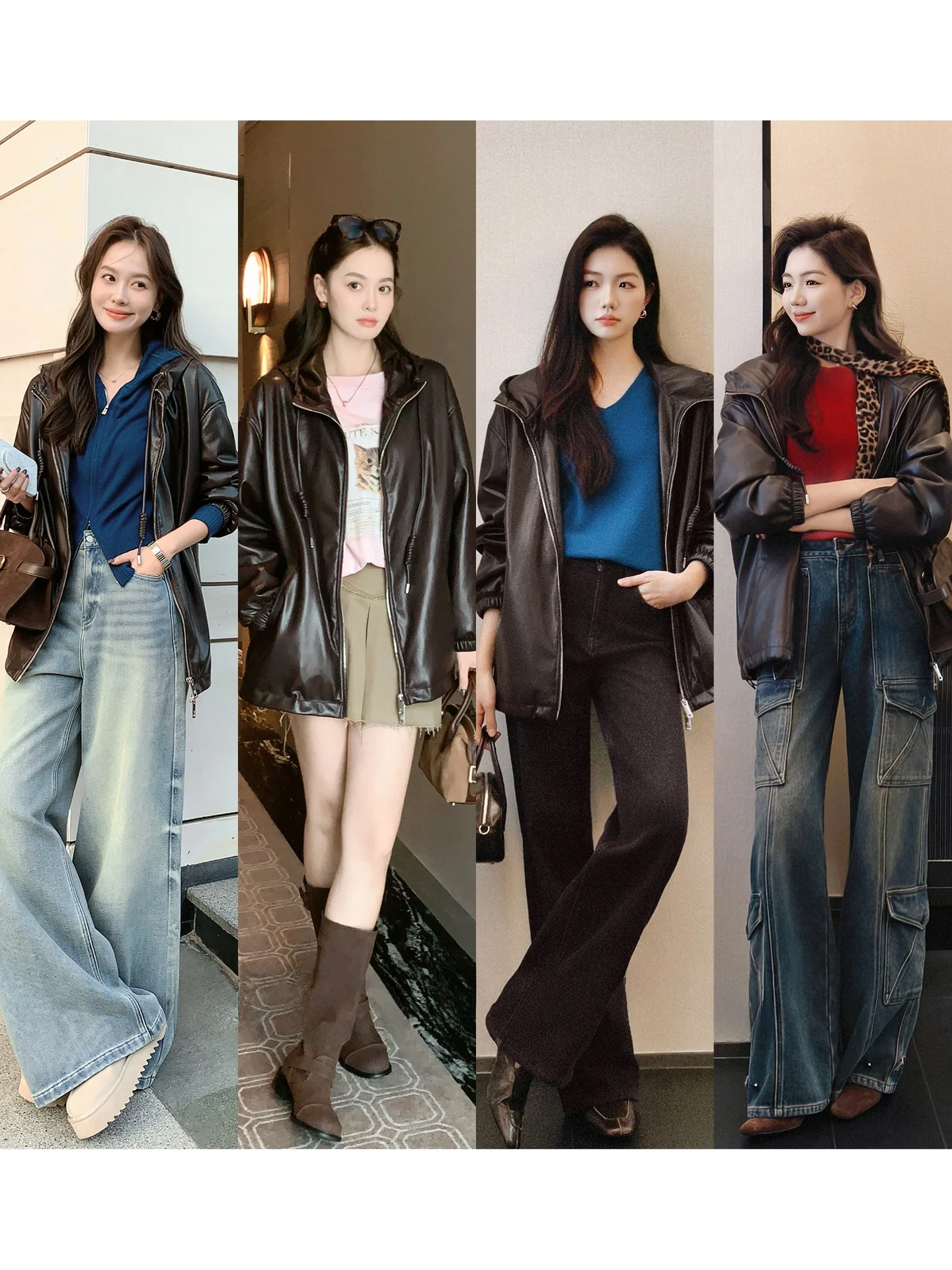 Brown Playful Amber Glow Protein Leather Hooded Jaet Warmth MEIYANG Street Sle Zipper Loose Fit Long Sve Coat