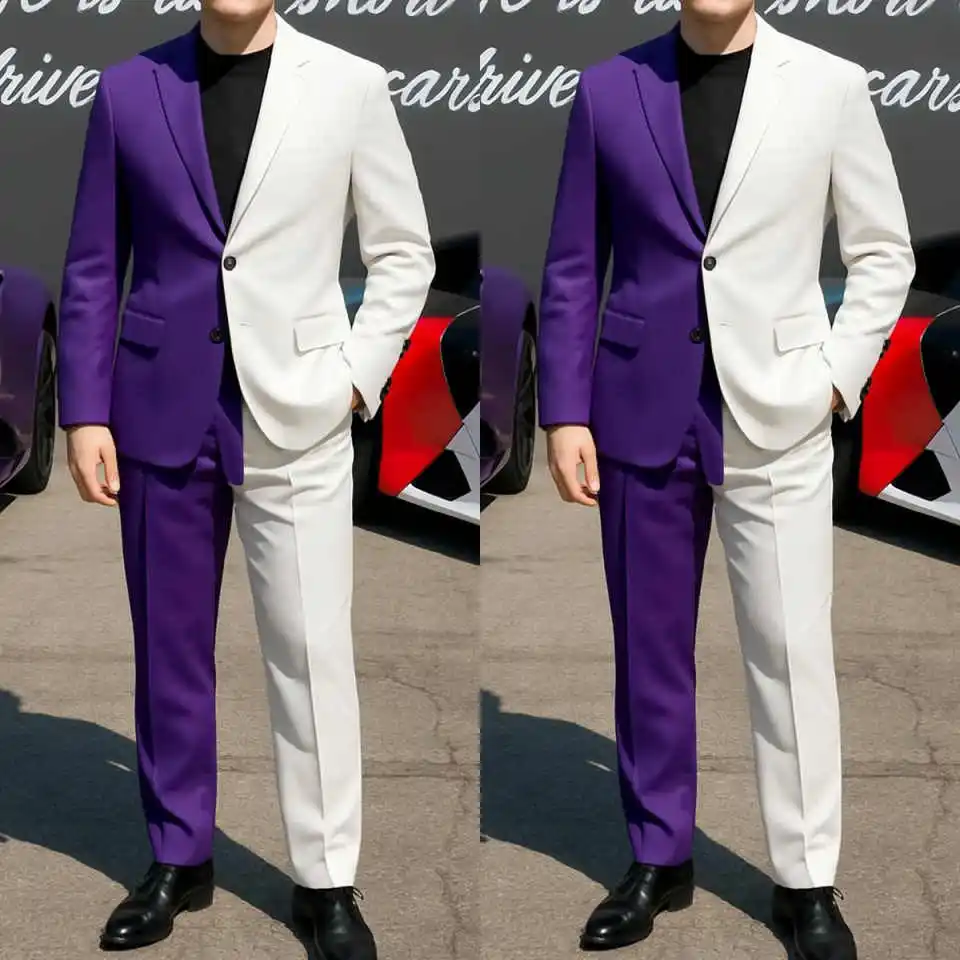 

Formal Business Men Tuxedos 2 Pieces Customized Purple White Classic Fit Groom Pants Suits Fashion Show Wear