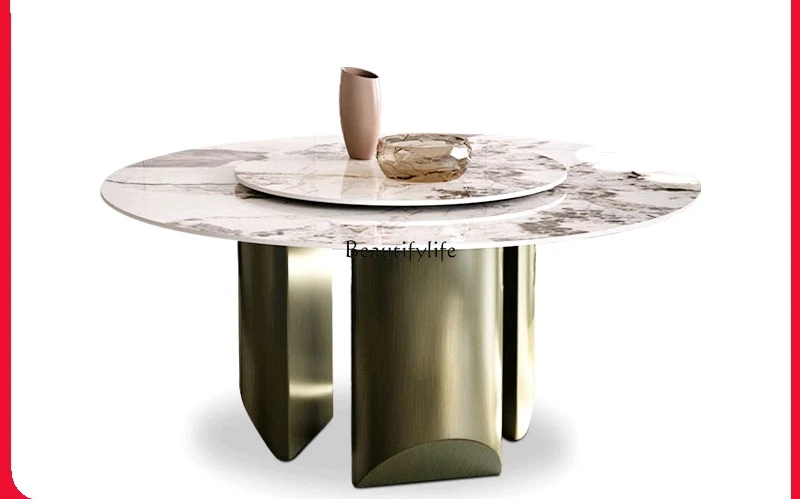 

Bright rock slab dining table with turntable Bronze Pandora bright rock slab round dining table