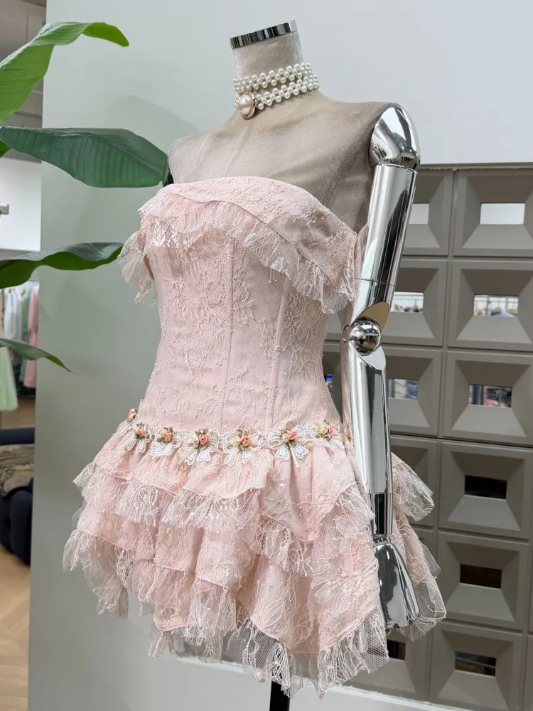 Dfdg feminino 2025 primavera verão designer renda em camadas vestido oco assimétrico bainha chique festa de férias tubo topless vestido de festa