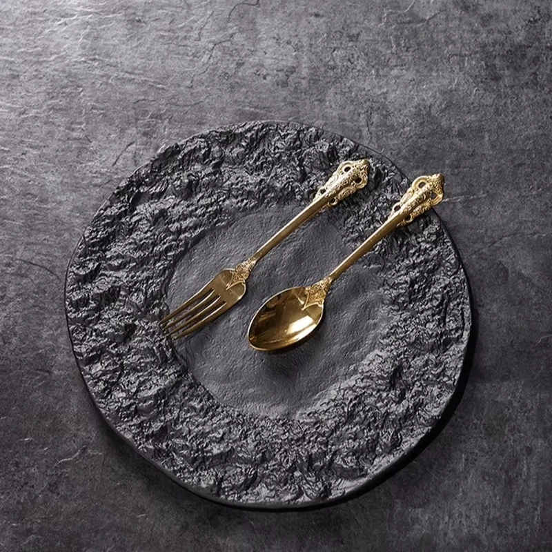 Stone Pattern Relief Dining Plate Ceramic Salad Plate Steak Plate Cake Dish Italian Noodle Plates Retro Ceramic Tableware