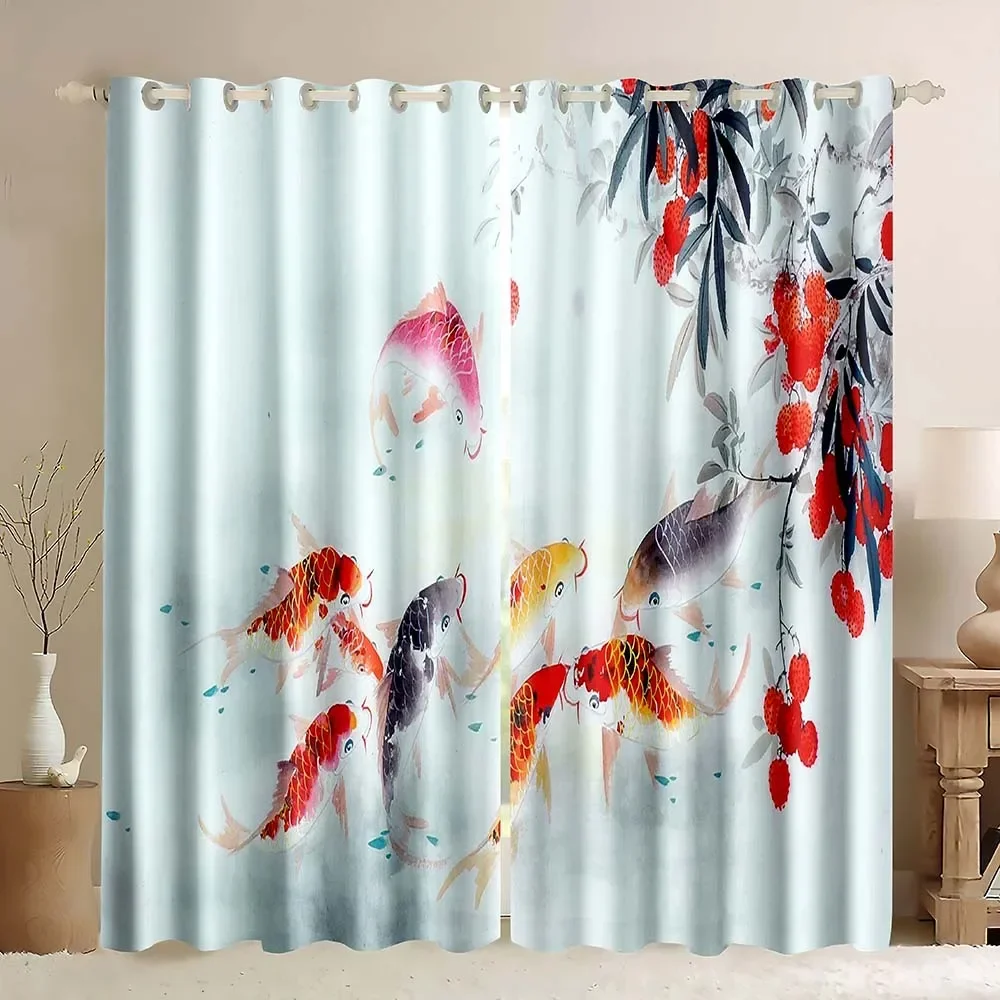 Ethnic Window Blackout Curtains,Chinese Ink Koi Carp Lychee Motif Heritage Oriental Eastern Illıstration For Living Room Bedroom