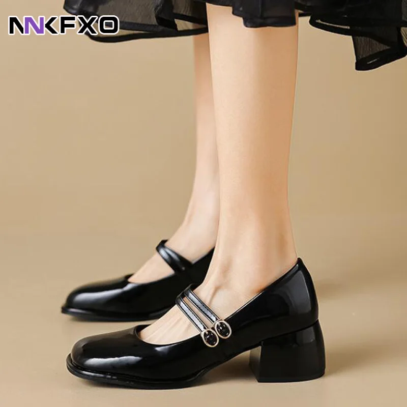 

Mary Jane Shoes Thick Heeled Women's Leather Shallow Cut Shoes 2023 New Square Toe Retro Small Leather Shoes