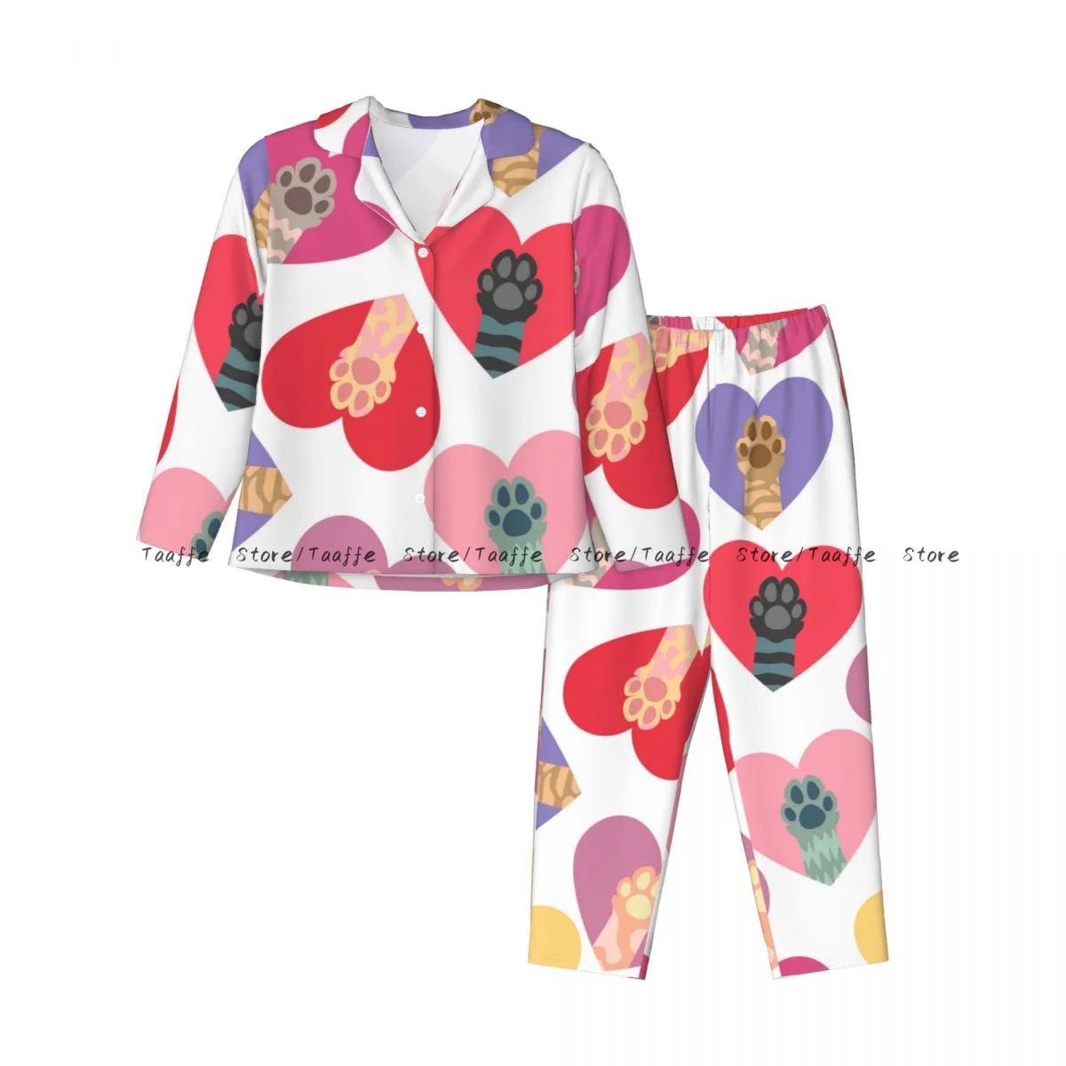 Multicolored Cat Paws In Colorful Hearts Womens Pajamas Loungewear Two-piece Sleepwear Button-Down Full Sleeve Long Pajamas Set