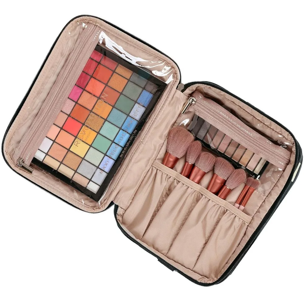 Extra Large Double Layer Travel Makeup Bag, Cosmetic Organizer Case with Shoulder Strap for Bottles, Brushes, Conditioner, Skin Care Products view 2