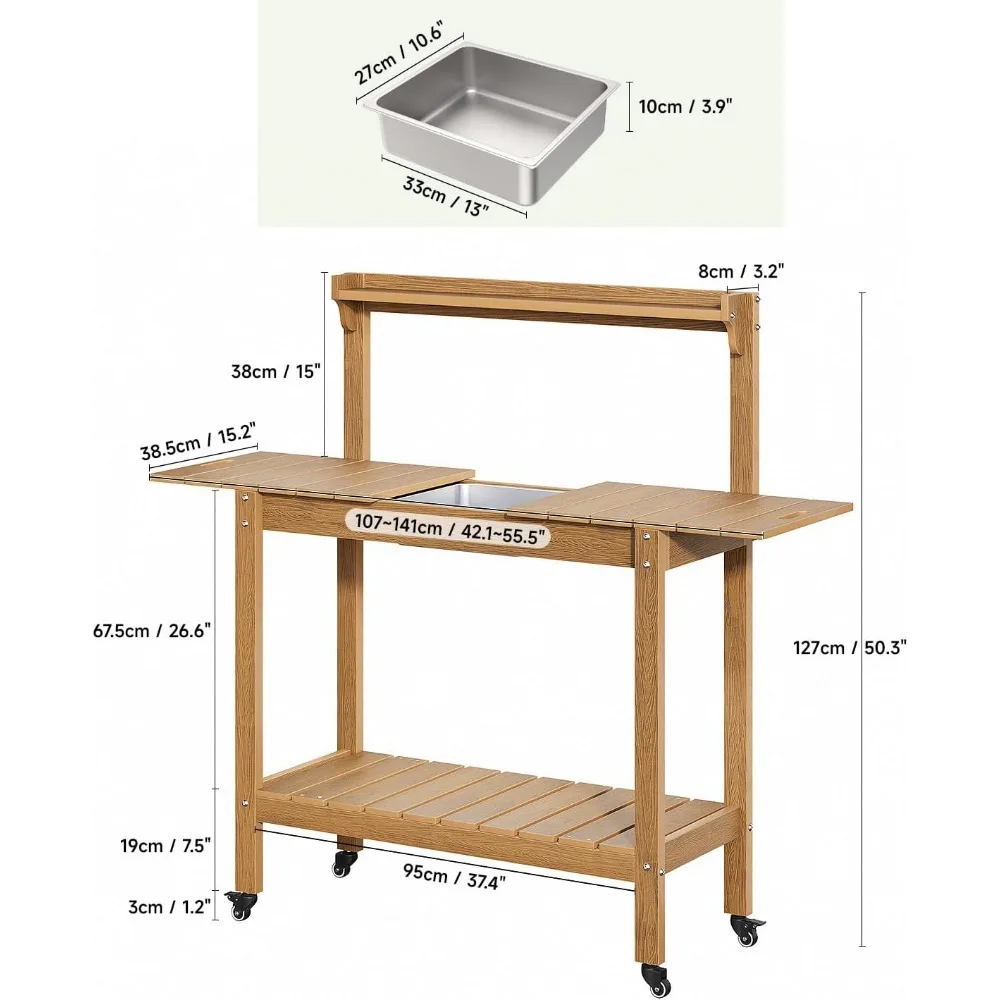HDPS Outdoor Potting Bench with Sliding Tabletop/ 4 Wheels/Removable Sink, All-Weather Outside Garden Work Table, No Rust/Fade/B