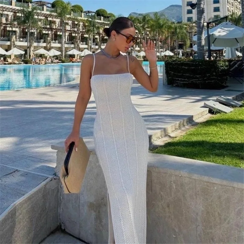 Talenza Backless Knitted Strappy Long Dress Women\'s Sexy Sleeveless Resort Dress Fashion Solid Color Slim Knitted Summer Dress