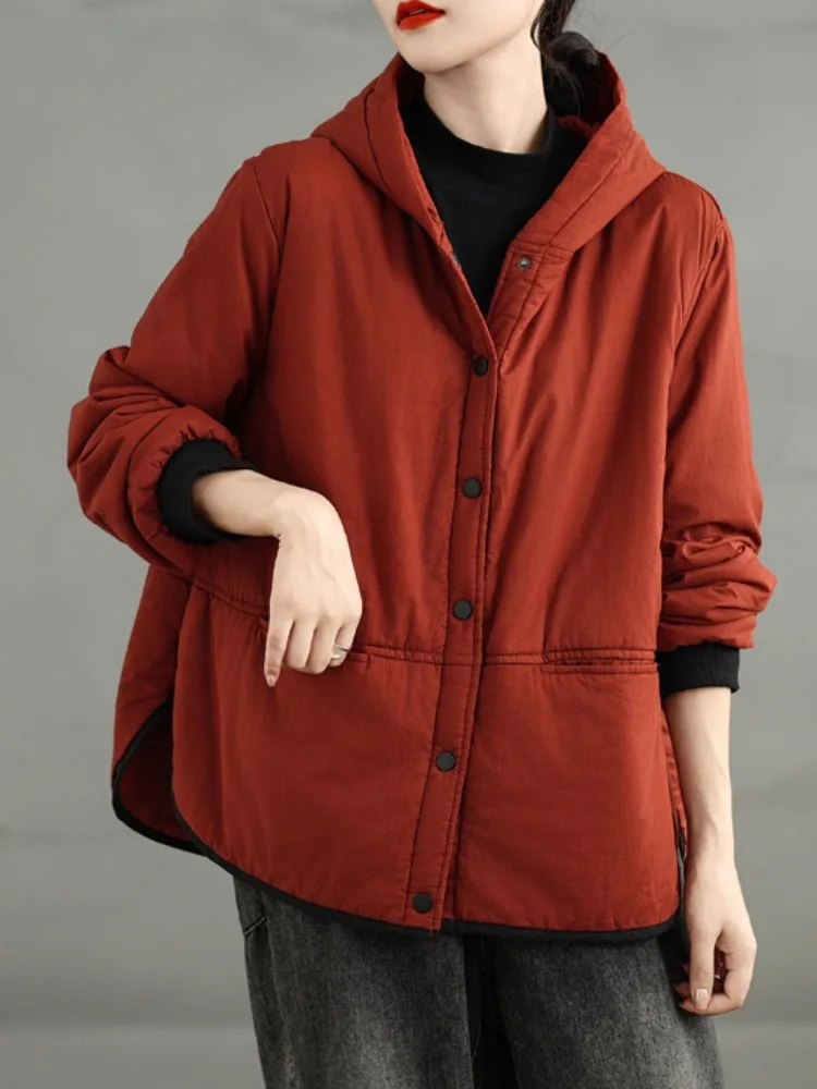 Lightweight Thickened Cotton Jacket Women's Winter Fashionable Hooded Coat Warm Short Outerwear Pure Color Retro Style Long S...