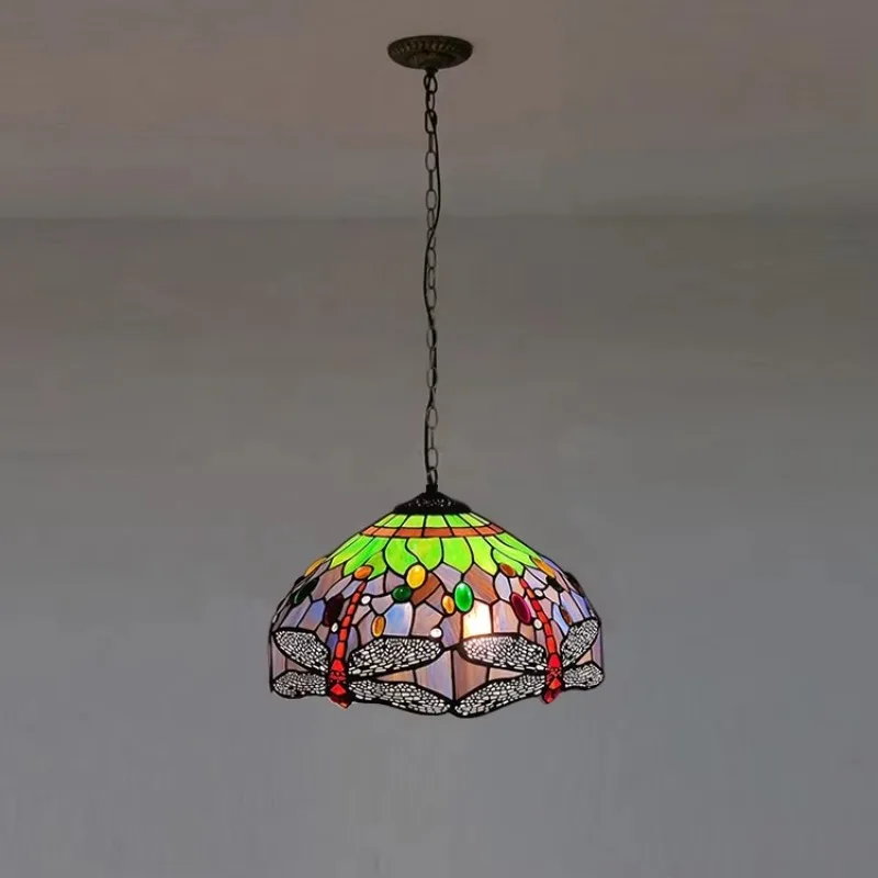 

16-Inch wide Tiffany-style dome chandelier with colorful dragonfly glass shade