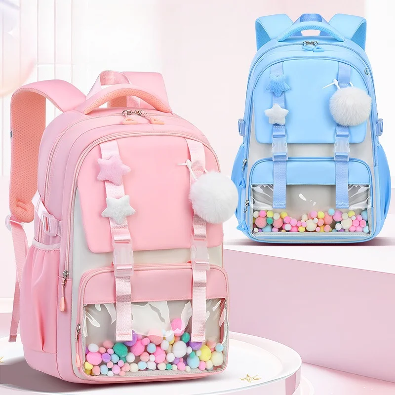 Kids Backpack Primary Student Schoolbag Plush Ball Cute Rucksack Fashion Clear Pocket Book Bag Lightweight Girls School Satchels
