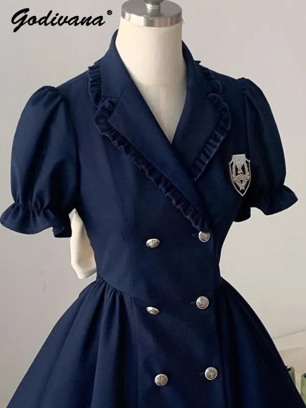 Big Girls High End French Preppy Style Navy Blue Blazer Dress Kids Puff Sleeve Ruffle Trim Large Back Bow Party Princess Dresses