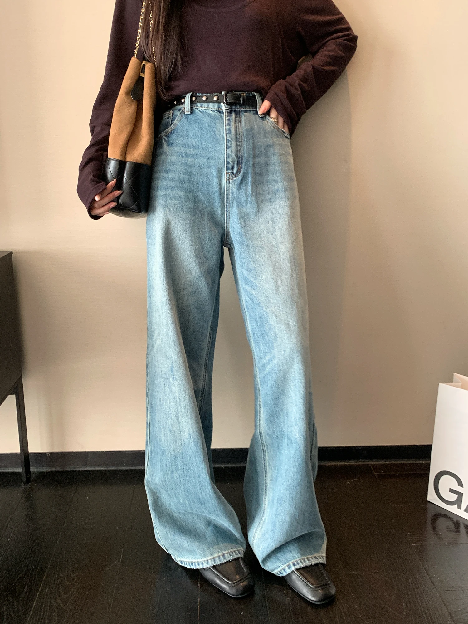 

Широкие джинсы с высокой талией, свободный крой, прямой крой, корейские осенние модные джинсовые брюки больших размеров, универсальные повседневные брюки с высокой талией