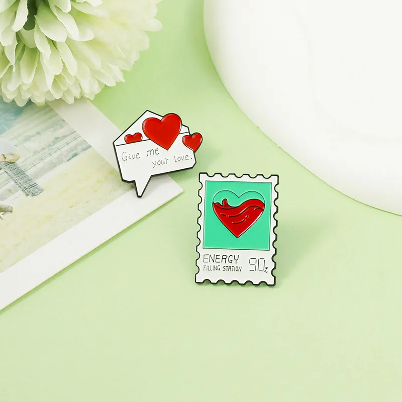 Love Letter Stamp Enamel Pins Red Hearts Give me your love ENERGY Brooches Lapel Badges For Lovers Woman Jewelry Gift Wholesale