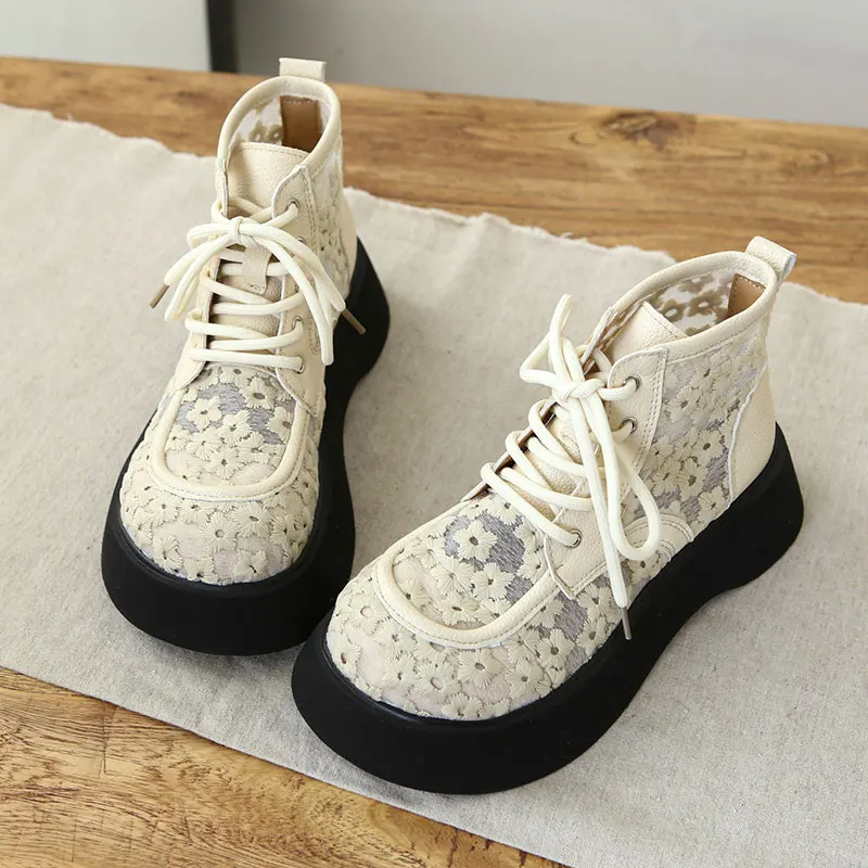 Breathable High-Top  Boots Lace Floral Hollow out Fairy Style Sandals Thick Bottom Platform Cross Strap Daily Wear Wome...