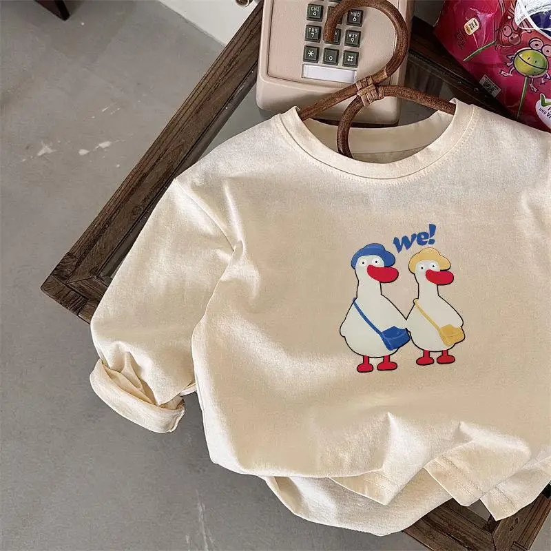 2025 New Children Long Sleeve T-Shirts Spring and Autumn Baby Boys Duck Printing Tees Girls Casual Loose Cotton Tops 1-10Y