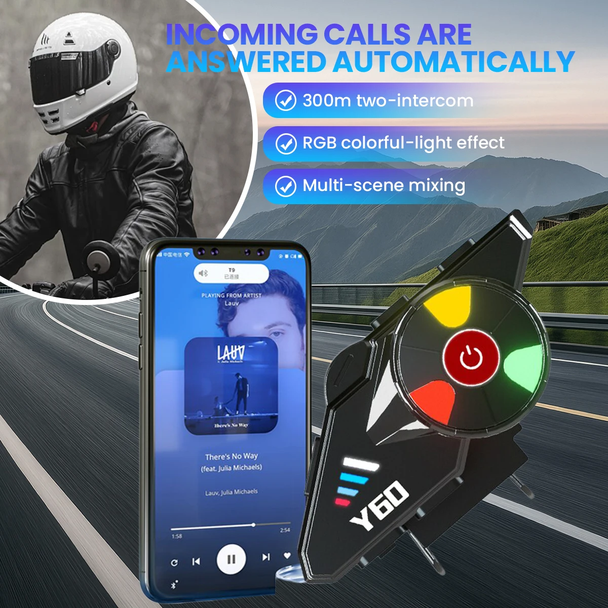 Y60 Motorcycle Helmet Bluetooth Headset Wireless Waterproof Handsfree Call Music V5.3 Earphone Rider Moto Color Light Headphone