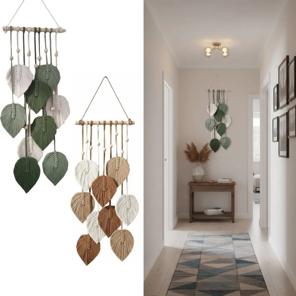 Boho Style Leaf Macrame Wall Hanging 60x25cm Green Color Handmade Woven Ornament Cotton Rope Bohemian Wall Decoration