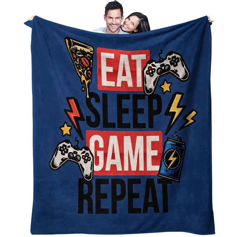 Microfiber Throw Blanket,Ultra-Soft,Skin-Friendly,Portable,Durable,Eat Sleep Game Repeat with Pizza Print,Cozy Lightweight