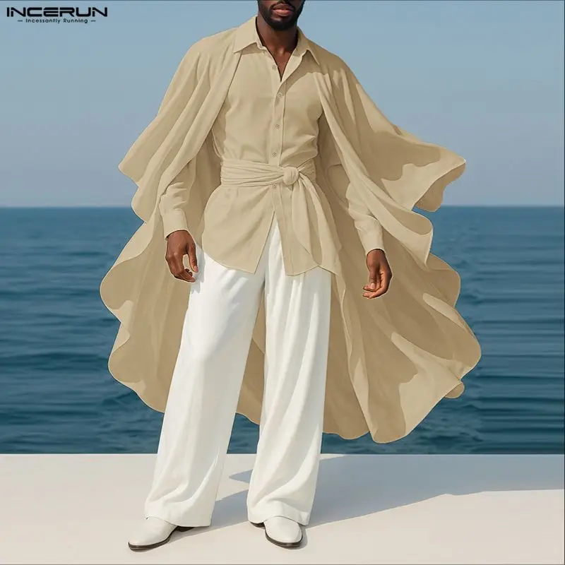 

INCERUN Мужская рубашка нестандартной формы, однотонные топы большого размера, мужская одежда с лацканами и длинными рукавами, уличная одежда на шнуровке, модные повседневные майки