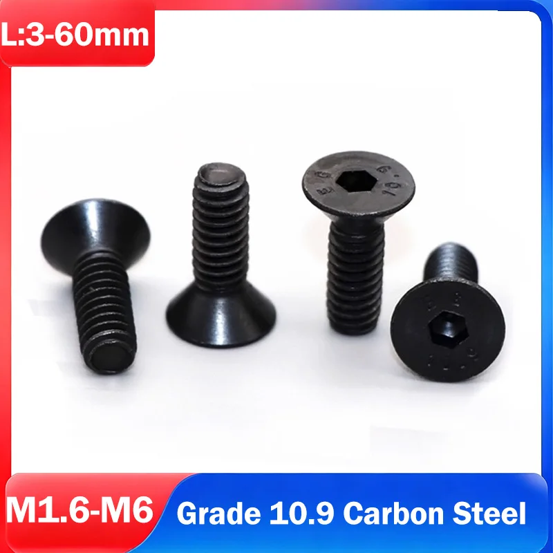 M1.6 M2 M2.5 M3 M4 M5 M6 Black Grade 10.9 Alloy Steel Hexagon Hex Socket Head Flat Countersunk Allen Bolt Screw L:3-60mm