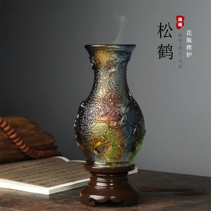 Retro Chinese Pine Crane Glazed Ceramic Vase Aromatherapy Lamp Home Decor Ornament Handicraft Interior Decoration Palace