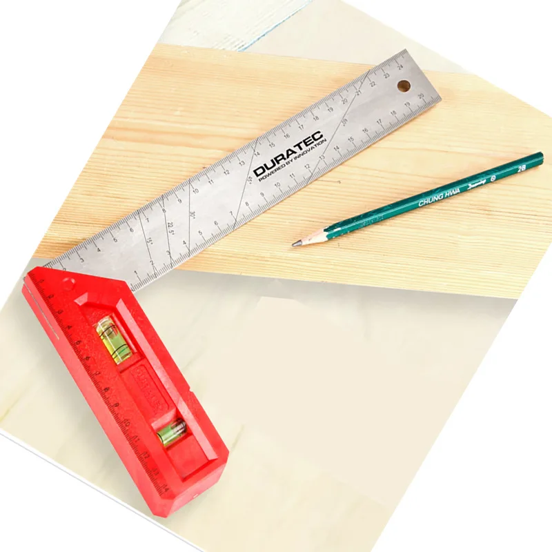 Stainless Steel Carpenter Square with Level Bubble, 90° & 45° High Precision Multi-Function Marking Ruler