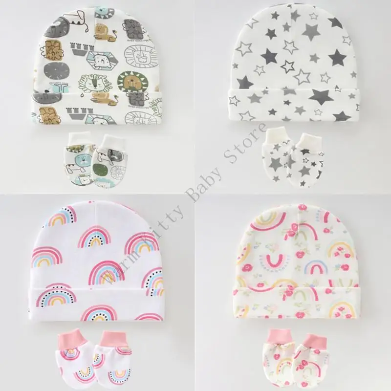 3 ชุดน่ารักพิมพ์ผ้าฝ้ายนุ่มหมวกเด็กและถุงมือฤดูใบไม้ผลิฤดูร้อน Unisex เด็กโรงพยาบาล Beanies หมวก Anti-Scratch Mittens สําหรับ 0-6M