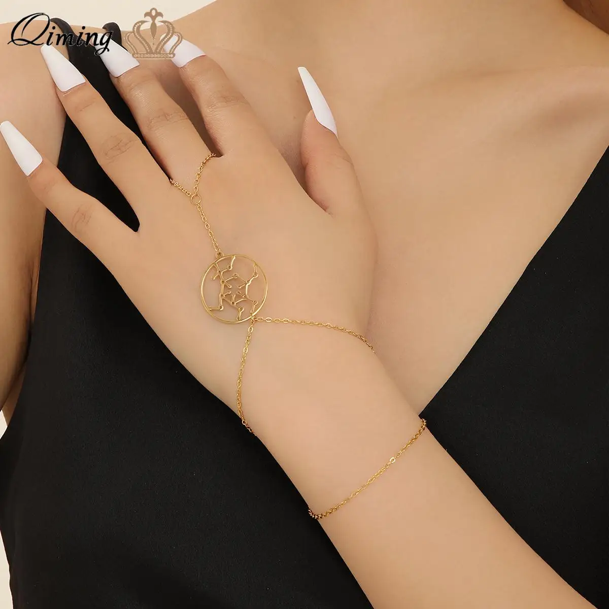 QIMING  Serotonin Glucose Molecule Chain Bracelet Link Connected Hand Harness Jewelry Finger Ring Gift